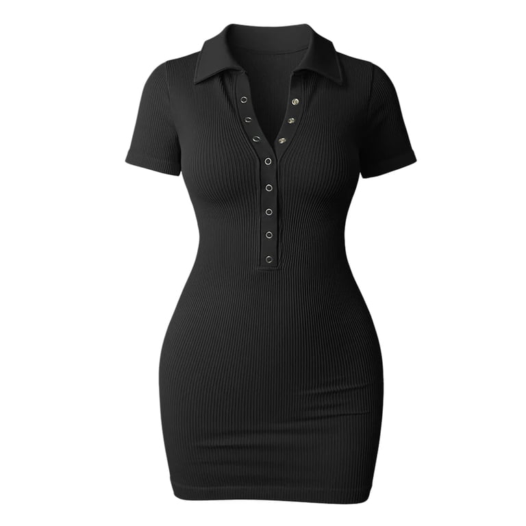 Sevpuikl Women's Ribbed V-Neck Button Closure Short Sleeves Tummy Control Bodycon  Mini Polo Dress Elastic Summer Autumn(Black,M) - Walmart.com