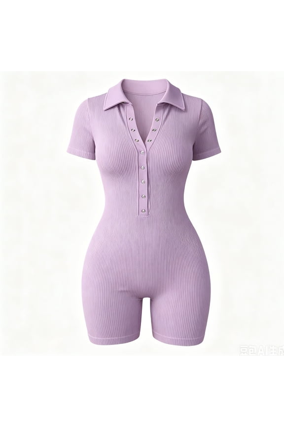 Women's Ribbed V-Neck Button Closure Short Sleeves Tummy Control Bodysuit Mini Polo Jumpsuit Elastic Summer Autumn(Purple,M)