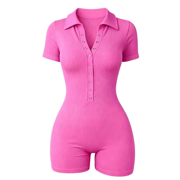 Sevpuikl Women's Ribbed V-Neck Button Closure Short Sleeves Tummy Control Bodysuit Mini Polo Jumpsuit Elastic Summer Autumn(Rose red,S)