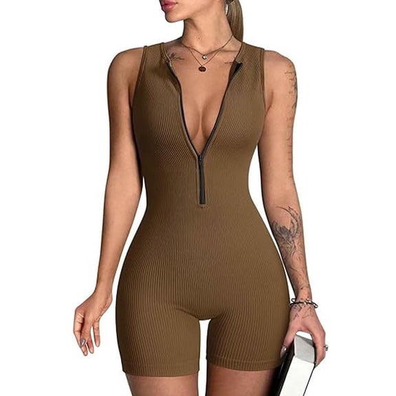 Sevpuikl Women's V-Neck Ribbed Sleeveless Tummy Control Workout Bodycon Zip Front Jumpsuit Romper Solid Color One Piece Yoga Gym(Coffee,M)