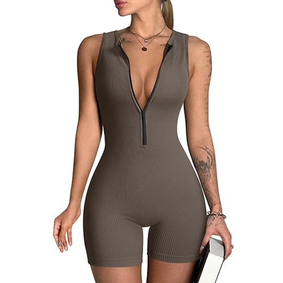 Sevpuikl Women's V-Neck Ribbed Sleeveless Tummy Control Workout Bodycon Zip Front Jumpsuit Romper Solid Color One Piece Yoga Gym(Light Brown,M)