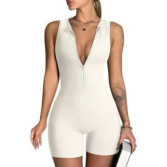 Sevpuikl Women's V-Neck Ribbed Sleeveless Tummy Control Workout Bodycon Zip Front Jumpsuit Romper Solid Color One Piece Yoga Gym(White,S)
