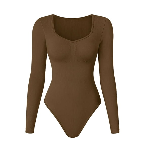 Sevpuikl Women's V-neck Ribbed Seamless Long Sleeves Slimming Tummy Control Bodysuit Elastic for Yoga Gym(Coffee,S)