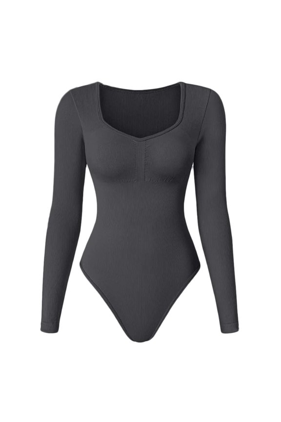 Women's V-neck Ribbed Seamless Long Sleeves Slimming Tummy Control Bodysuit Elastic for Yoga Gym(Dark grey,S)