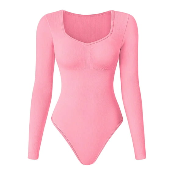 Sevpuikl Women's V-neck Ribbed Seamless Long Sleeves Slimming Tummy Control Bodysuit Elastic for Yoga Gym(Pink,S)