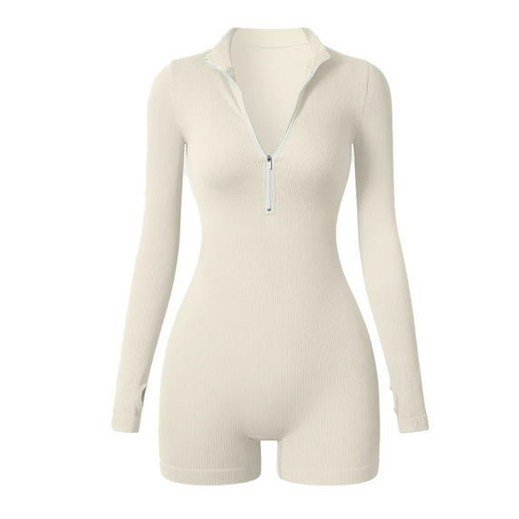 Sevpuikl Women's Yoga One Piece Long Sleeves Jumpsuit Zip Up Tummy Control Romper Bodysuit Ribbed for Exercise Workout Gym(Beige,XL)