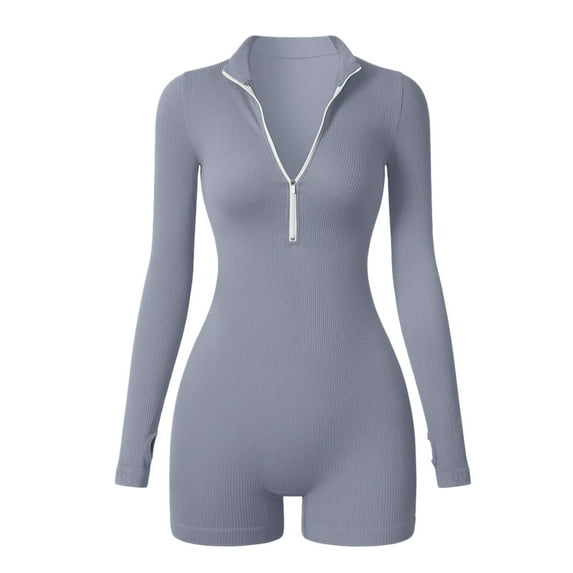 Sevpuikl Women's Yoga One Piece Long Sleeves Jumpsuit Zip Up Tummy Control Romper Bodysuit Ribbed for Exercise Workout Gym(Blue,XL)
