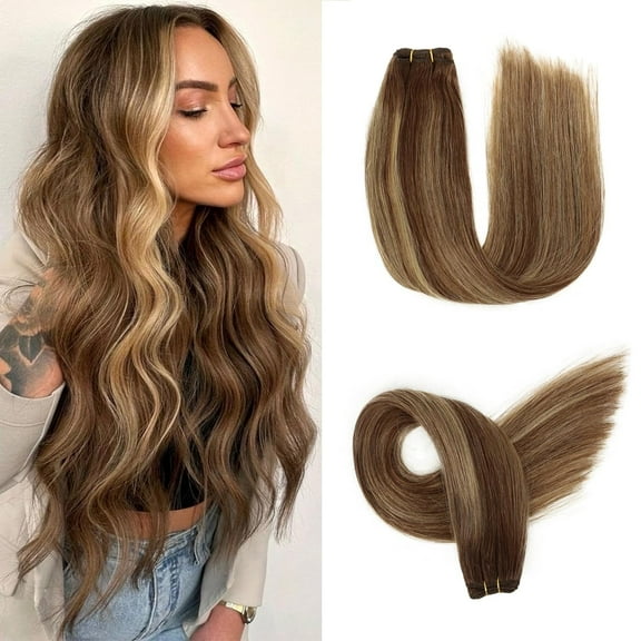 Sew in Hair Extensions Real Human Hair, 110g 16 inch Ombre Color 4/27/4 Balayage Chocolate Brown to Caramel Blonde Double Weft Weave Bundles Remy Human Hair Extensions Straight