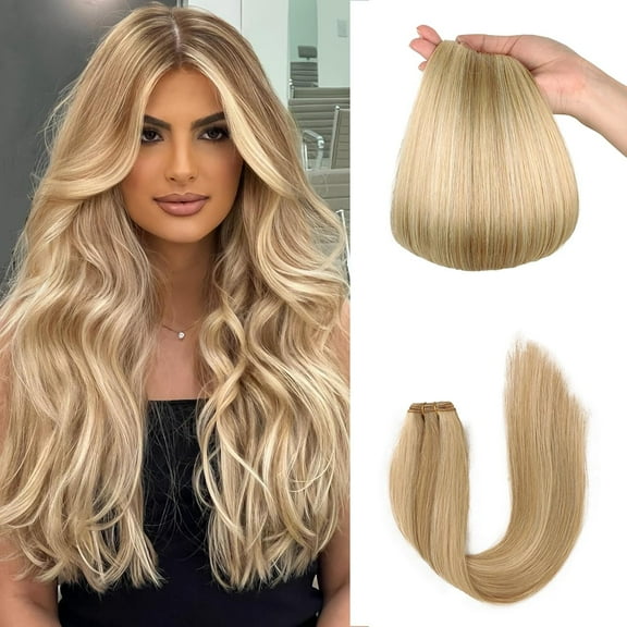 Sew in Hair Extensions Real Human Hair, 110g 18 inch Ash Blonde Highlighted 613 Bleach Blonde Human Hair Weave Extensions Remy Straight Bundles Double Weft