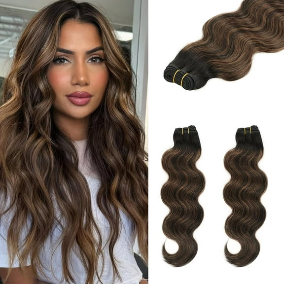 Sew in Hair Extensions Real Human Hair, 110g 18 inch Balayage Natural Black to Chestnut Brown Body Wave Bundles Remy Human Hair Weave Extensions Double Weft