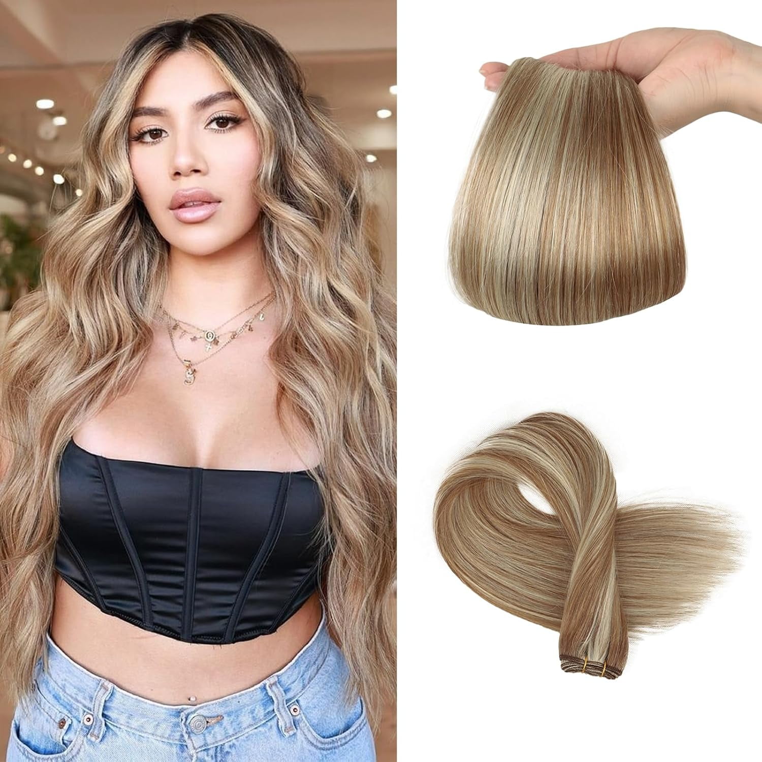 Sew in Hair Extensions Real Human Hair, 110g 20 inch Highlighted Color Ash Brown Mix with Platinum Blonde Hair Extensions Double Weft Remy Straight Weave Bundles Human Hair