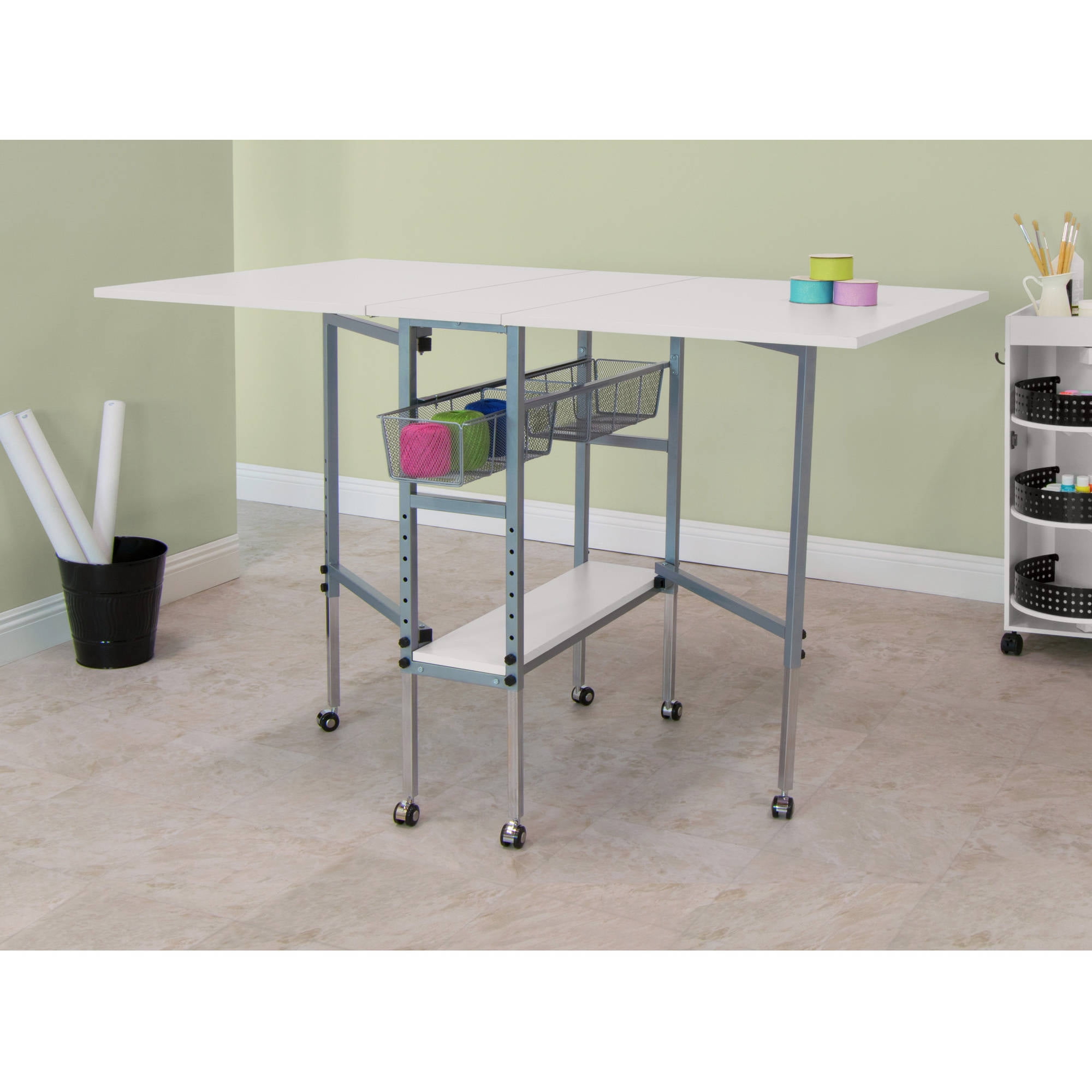 Height Adjustable Craft Table with Storage Shelves, Mobile Folding Cutting Table for Home Office Sewing Room Craft Room - White