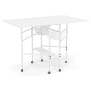 Sew Ready Folding Sewing Craft Table with Storage Drawers and Wheels, White/White