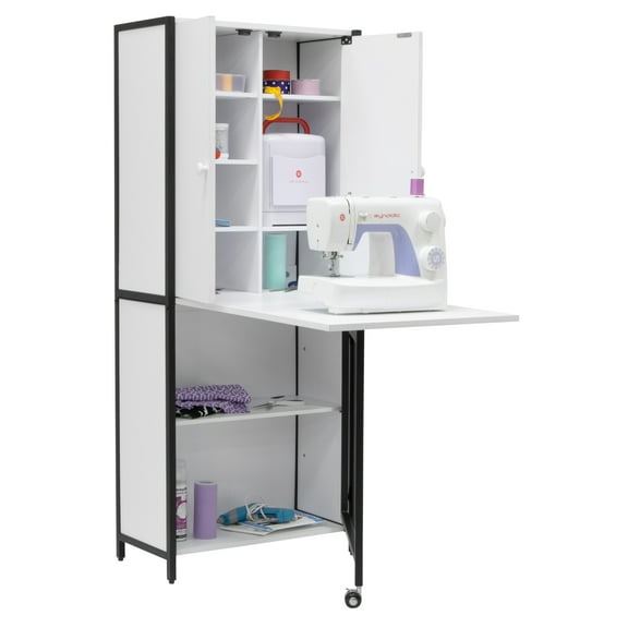 Sew Ready Multipurpose Armoire with Folding Top for Crafts Office Sewing, Black and White