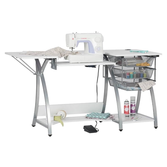 Sew Ready Pro Stitch Adjustable Sewing Machine Table with 3 Storage Drawers, White/Silver