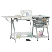 Sew Ready Pro Stitch Sewing Desk with Folding Top Metal Drawers and Storage Shelves Shilver/White