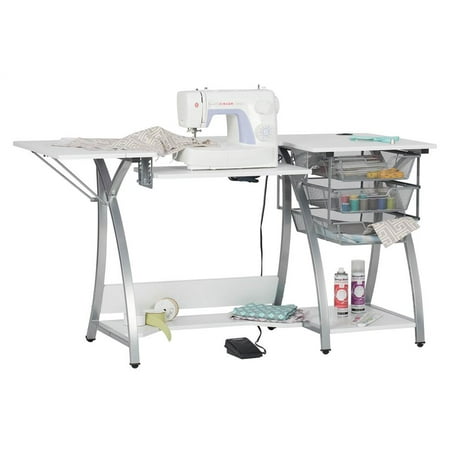 Sew Ready Pro Stitch Sewing Desk with Folding Top Metal Drawers and Storage Shelves Shilver/White