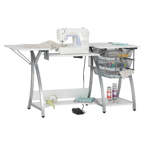 Sew Ready Pro Stitch Sewing Desk with Folding Top Metal Drawers and Storage Shelves Shilver/White
