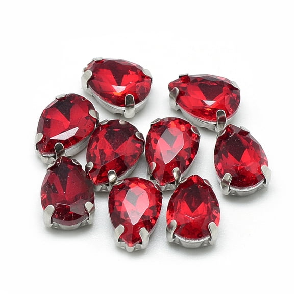 Sew on Rhinestone Multi-strand Links Glass Rhinestone with 201 Stainless Steel Prong Settings Garments Accessories Faceted teardrop Red 14x10x6mm Hole: 0.8~1mm