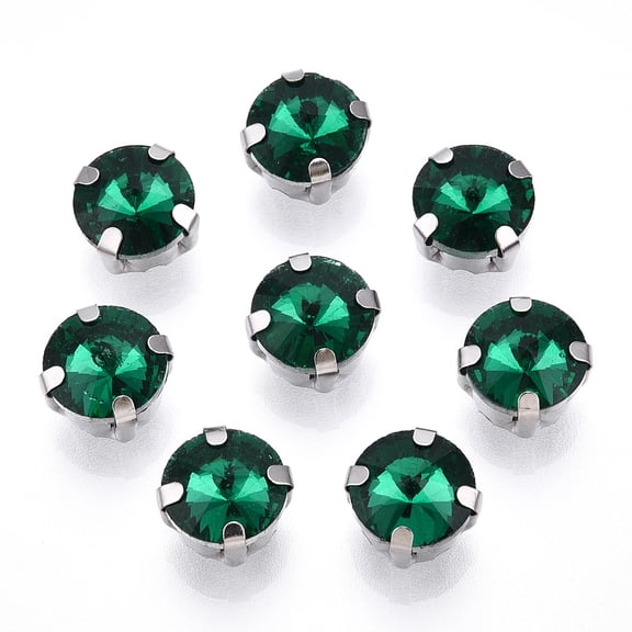 Sew on Rhinestone Multi-strand Links Glass Rhinestone with Brass Prong Settings Garments Accessories Faceted Flat Round Platinum Sea Green 9x6.3mm Hole: 0.8~1mm