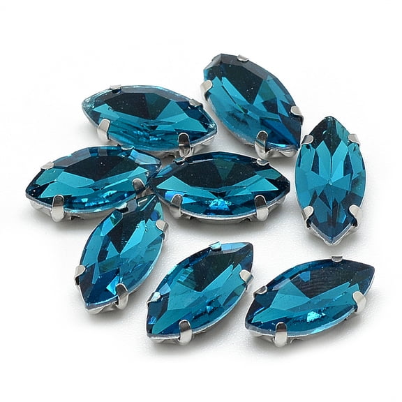 Sew on Rhinestone Multi-strand Links Glass Rhinestone with Platinum Tone Brass Prong Settings Garments Accessories Faceted Horse Eye Teal 8x4x3.5mm Hole: 0.8~1mm