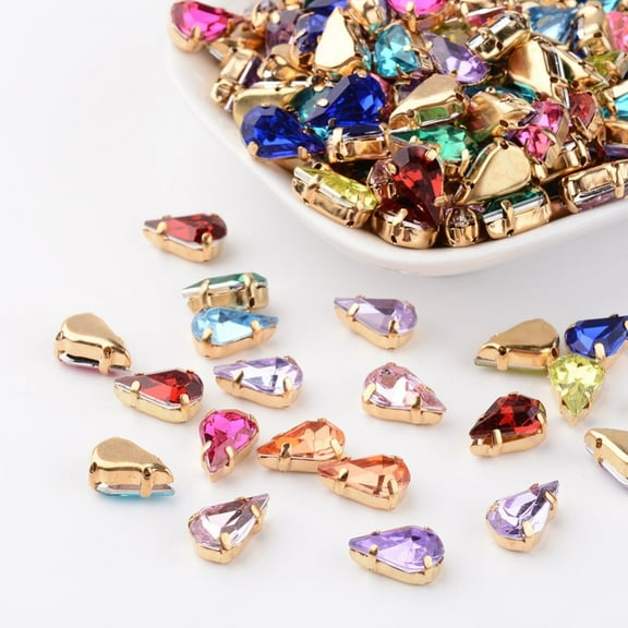 Sew on Rhinestone Multi-strand Links Multi-strand Links Acrylic Rhinestone with Brass Prong Settings Garments Accessories teardrop Golden Metal Color Mixed Color 13x8x5.5mm Hole: 1mm
