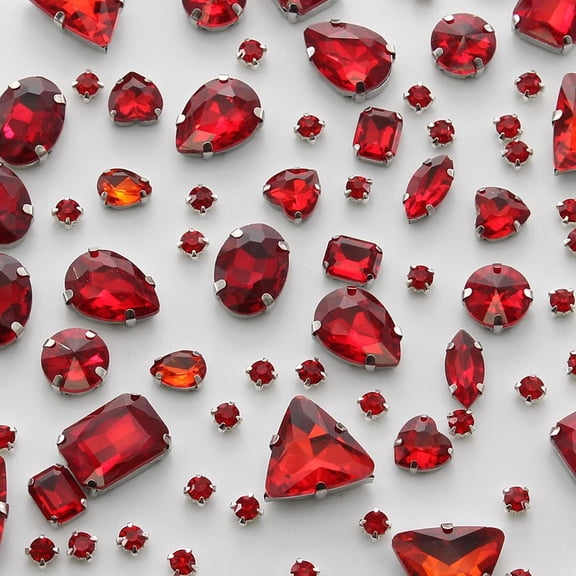 Sew on Rhinestones 100 PCS Mixed Shapes Glass Rhinestones Sew on Crystal Gems Mental Flatback with Silver Claw for Jewelry Crafts Clothes Shoes Costume Garment Red