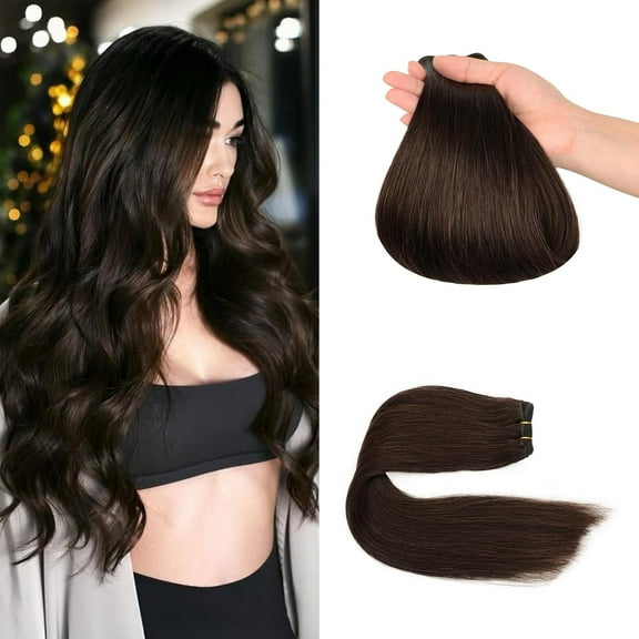 Sew in Hair Extensions Real Human Hair, 110g 16 inch #2 Dark Brown Hand Tied Weft Hair Extensions Human Hair Double Weft Quick Weave Bundles Silky Straight