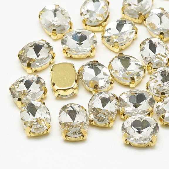 Sew on Rhinestone Multi-strand Links Glass Rhinestone with Brass Prong Settings Garments Accessories Faceted Oval Golden 14x10x6.5mm Hole: 1mm