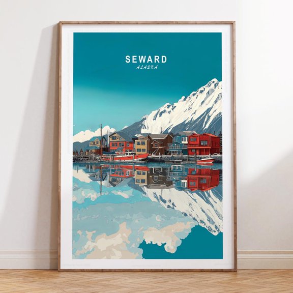 Seward Alaska Minimalist Cityscape Travel Poster Wall Art, Stretched Canvas Size 16x24