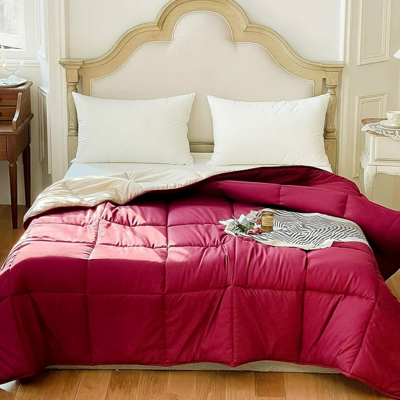 Seward Park Down Alternative Comforter Full/Queen Size Lightweight Soft Duvet Insert Cooling Summer Burgundy/Wheat