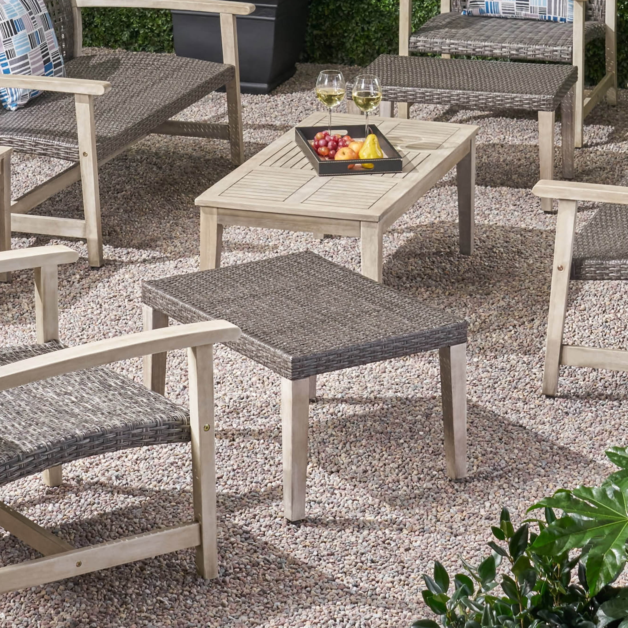 Sewell Wicker and Acacia Wood Outdoor Ottoman, Mixed Black, Weathered Gray