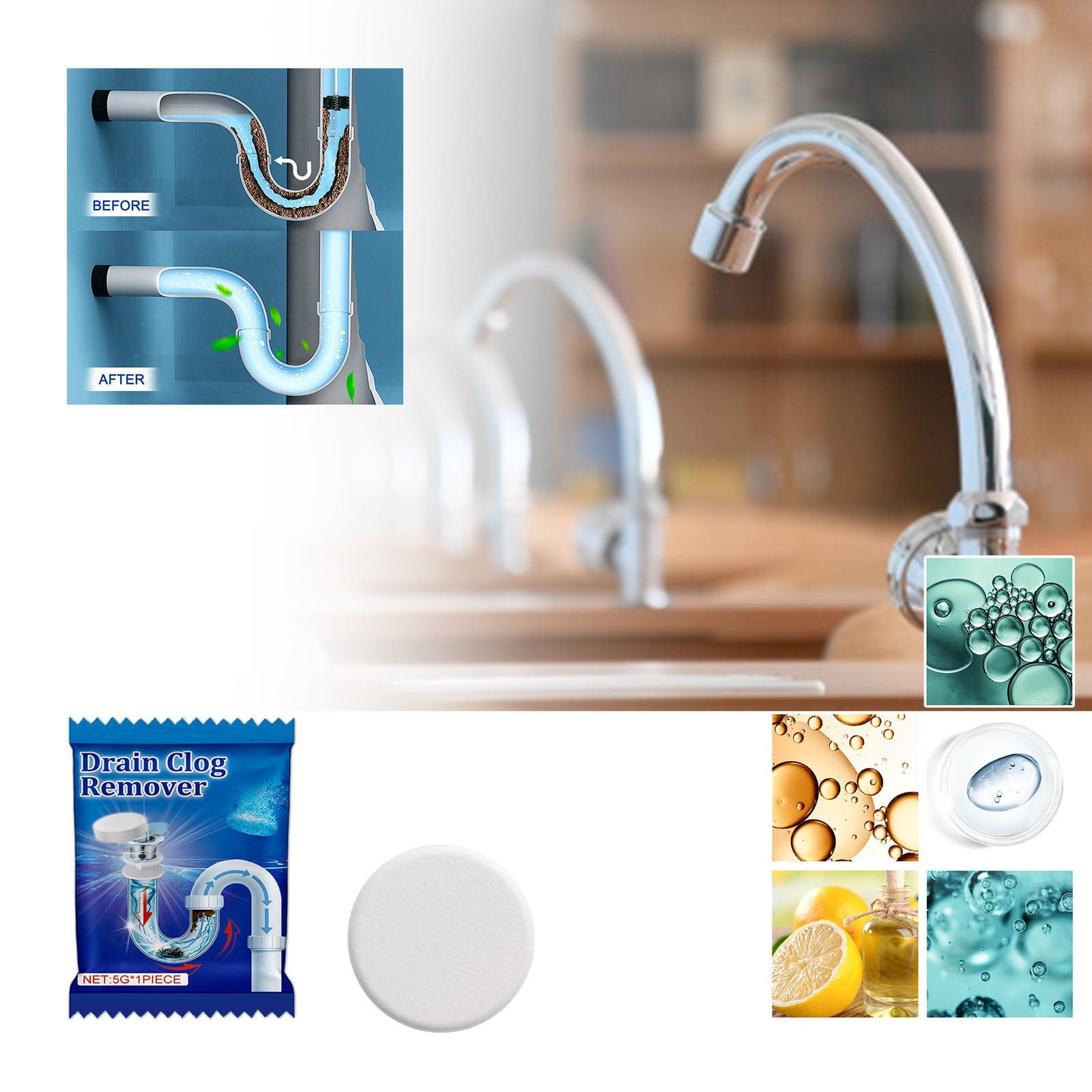 Sewer Blockage Cleaning Effervescent Tablets Bathroom Sink cleaning supplies bundle Pipe safely ...