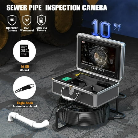 Sewer Camera with 512Hz Sonde Transmitter Plumbing Camera with DVR Recorder,Pipe Inspection Camera with 10" 1080P IPS LCD Monitor with Fiber Optic Cable Wire (16 GB SD Card Included) 66ft/20m