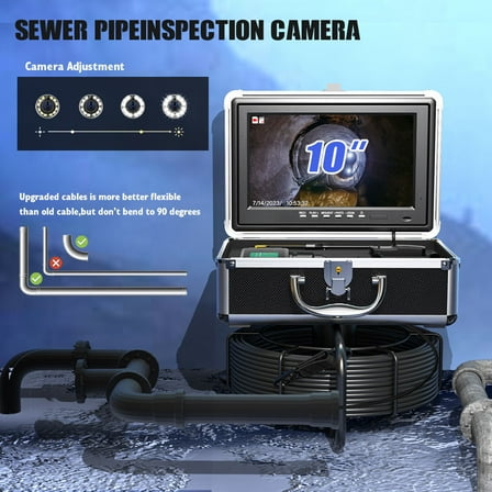 Sewer Camera with 512Hz Sonde Transmitter Plumbing Camera with DVR Recorder,Pipe Inspection Camera with 10" 1080P IPS LCD Monitor with Fiber Optic Cable Wire (16 GB SD Card Included) 100ft/30m
