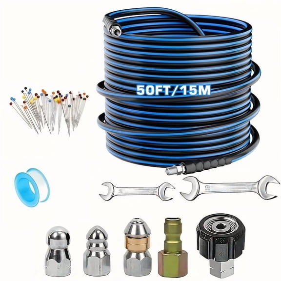 Sewer Jet Kit for Pressure Washer - 100ft/50ft 5800PSI Drain Cleaner Hose (1/4" NPT), Angle/Swivel/Push Button Nozzles, Waterproof Tape & 2 Wrenches, Heavy-Duty Drain Cleaning Set