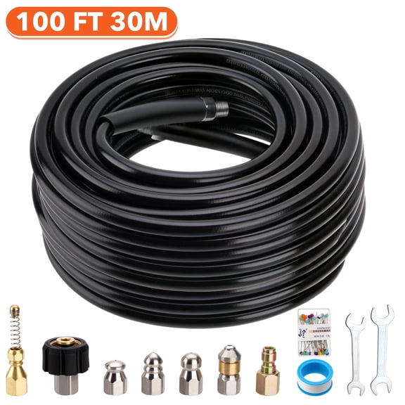 Sewer Jetter Kit 100ft for Pressure Washer, 5800PSI Drain Cleaner Hose 1/4 inch NPT Corner, 1/4 inch Quick Connect Plug, Rotating and Button Nose Sewer Jetting Nozzles, Waterproof Tape and 2 Spanners