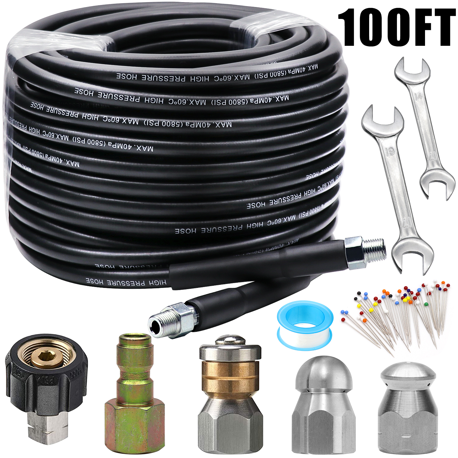 Sewer Jetter Kit 200FT for Pressure Washer, 5800PSI Drain Cleaner Hose