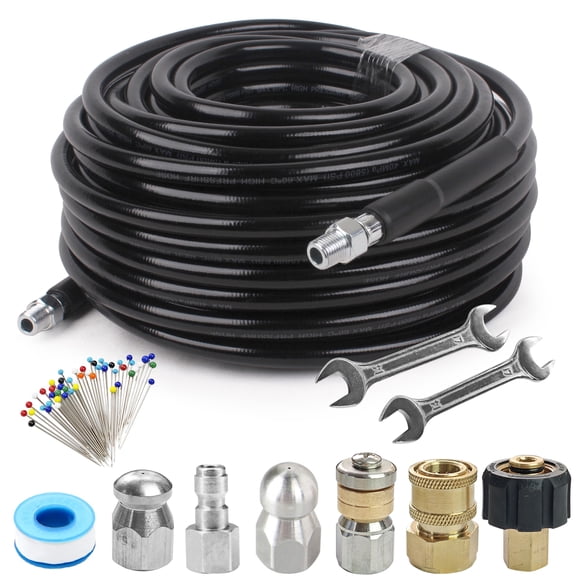 Sewer Jetter Kit 100FT for Pressure Washer, 5800PSI Drain Cleaner Hose 1/4 Inch NPT Corner Rotating and Button Nose Sewer Jetting Nozzle Spanner Waterproof Tape Pearl Corsage Pin
