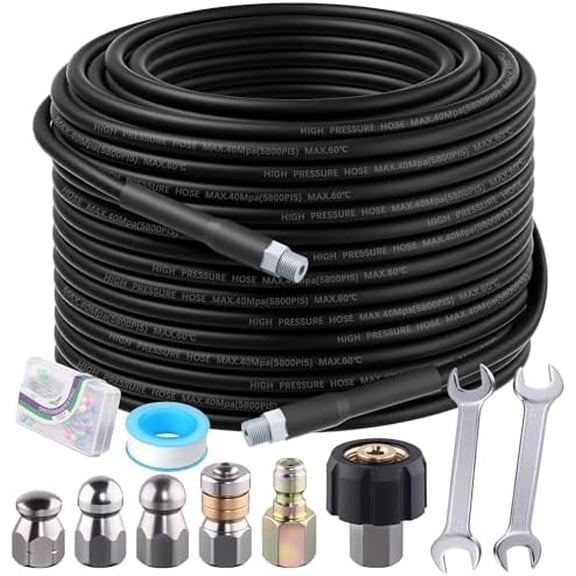 Sewer Jetter Kit 100FT for Pressure Washer 5800PSI Drain Cleaner Hose 1/4" NPT Corner Rotating and Hose Sewer Jetting Nozzle Waterproof Tape Pearl Corsage Pin with 2 Spanner$$Tools