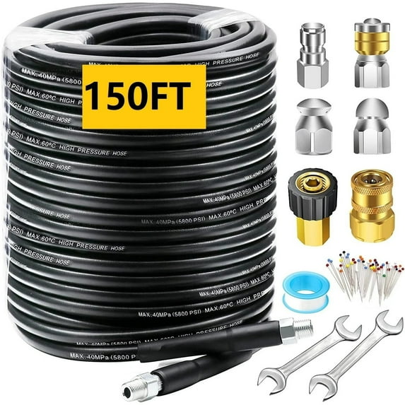 Budiwati Sewer Jetter Kit 150FT for Pressure Washer, 5800PSI Drain Cleaner Hose 1/4'' NPT Corner Rotating and Button Nose Sewer Jetting Nozzle Spanner Waterproof Tape (Black Hose)