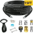 thumbnail image 1 of Sewer Jetter Kit 15FT for Pressure Washer, 5800PSI Drain Hose 1/4” NPT Corner Rotating and Button Nose Nozzle, 1 of 6