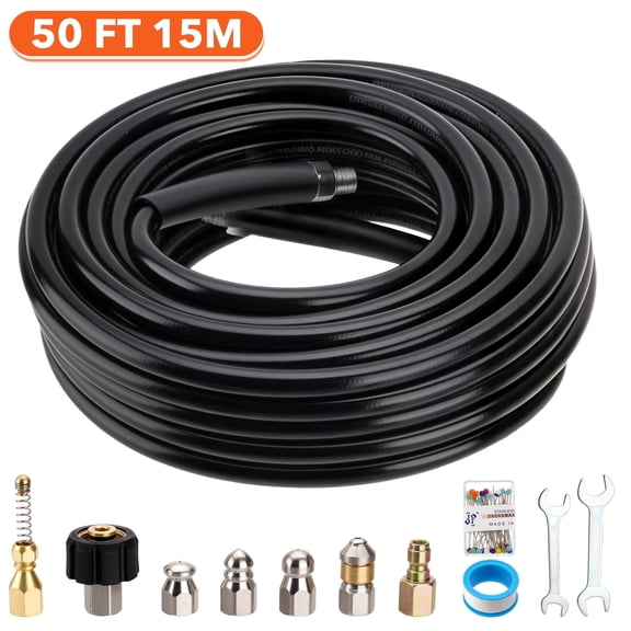 Sewer Jetter Kit 50ft for Pressure Washer, 5800PSI Drain Cleaner Hose 1/4 inch NPT Corner, 1/4 inch Quick Connect Plug, Rotating and Button Nose Sewer Jetting Nozzles, Waterproof Tape and 2 Spanners