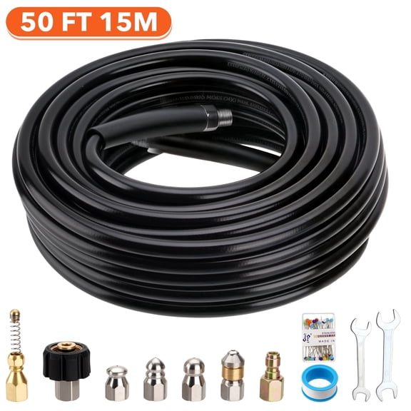 Sewer Jetter Kit 50ft for Pressure Washer, 5800PSI Drain Cleaner Hose 1/4 inch NPT Corner, 1/4 inch Quick Connect Plug, Rotating and Button Nose Sewer Jetting Nozzles, Waterproof Tape and 2 Spanners