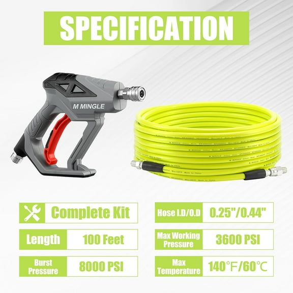 Sewer Jetter Kit for Pressure Washer 100 FT, Drain Cleaner Hose with Power Washer Gun, 1/4 Inch NPT Corner Rotating and Button Nose Sewer Jetting Nozzle, Orifice 4.0, 4.5