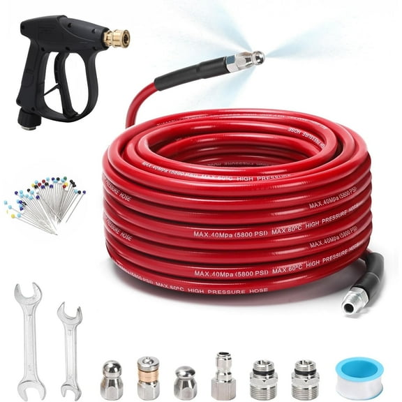 Sewer Jetter Kit for Pressure Washer 100 FT, Drain Cleaner Hose with Power Washer Gun, 1/4 Inch NPT Corner, Rotating and Button Nose Sewer Jetting Nozzle,Waterproof Tape, Pearl Corsage Pin, Spanner