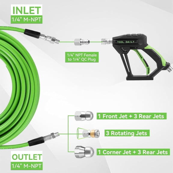 Sewer Jetter Kit for Pressure Washer 100 FT, Short Power Washer Gun, Drain Cleaner Hose 1/4 Inch NPT, Corner, Rotating and Button Nose Sewer Jetting Nozzle, 3600 PSI
