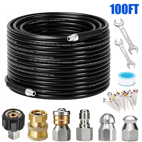 Sewer Jetter Kit for Pressure Washer 100FT, Jet Drain Cleaner Hose, Corner Rotating Button Nose Sewer Jetting Nozzle 1/4 In NPT, Sewer Jetting Nozzles Kit with Spanner Tape Pearl Corsage Pin, 5800PSI