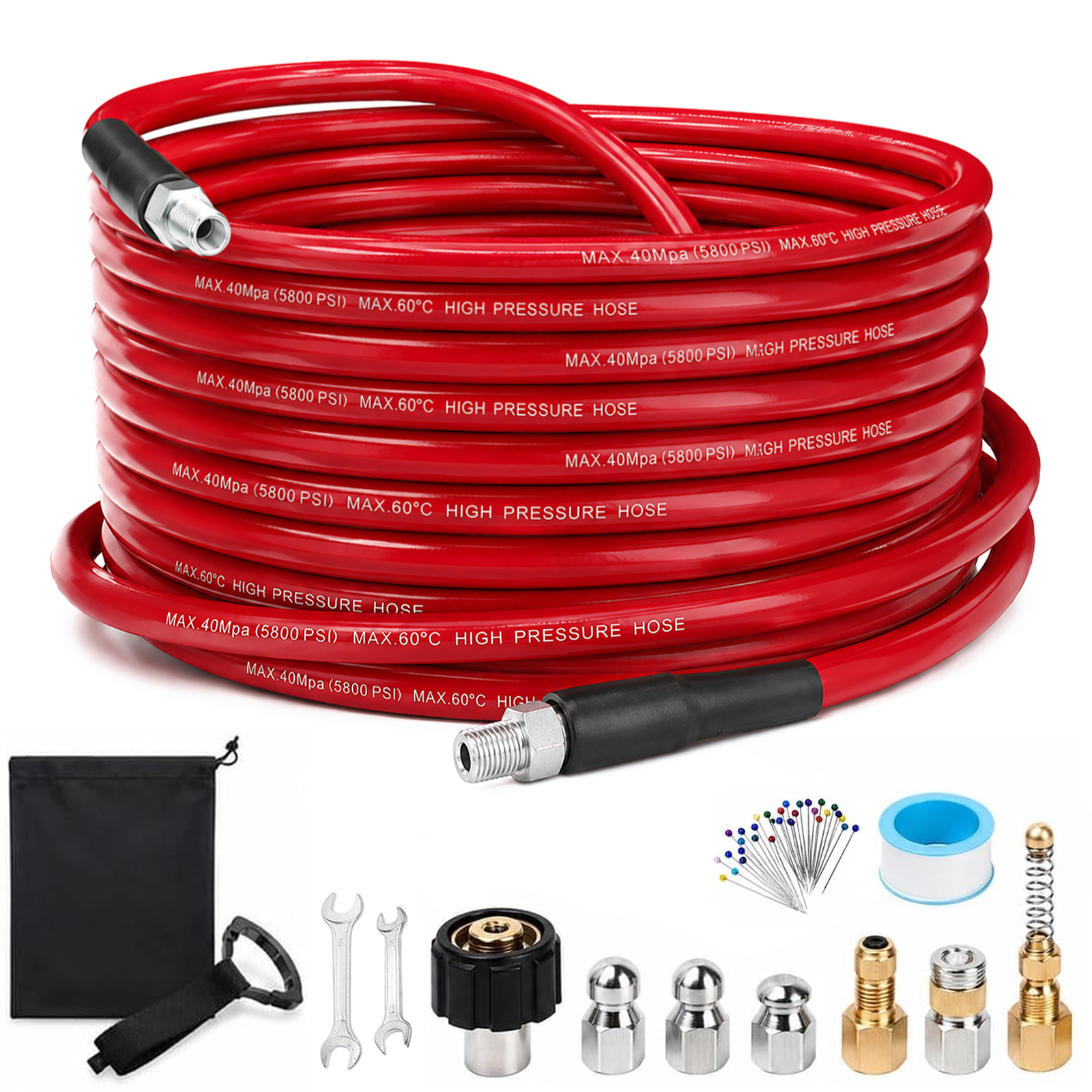 Kit de desagüe para hidrolavadora PROWASH 50FT, manguera limpiadora de drenajes 5800 PSI con codo 1/4" NPT, cinta, llave, guante