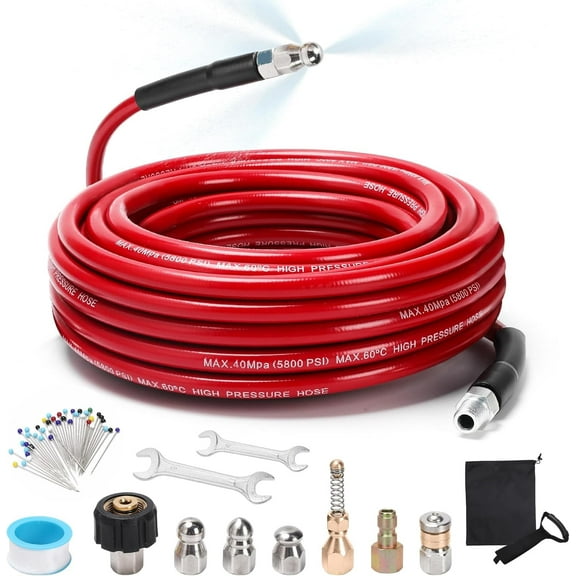 Sewer Jetter Kit for Pressure Washer, 50FT 5800 PSI Drain Cleaner Hose with 1/4" NPT Corner, Rotating and Button Hose Sewer Jetting Nozzle, Waterproof Tape, Pearl Corsage Pin, Spanner, Glove